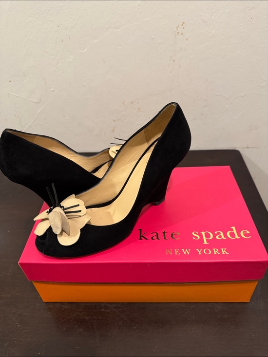 kate spade Shoes - Kate Spade - Caelyn - Black Suede Wedge Peep Toe Pumps with Beige Flower Accent